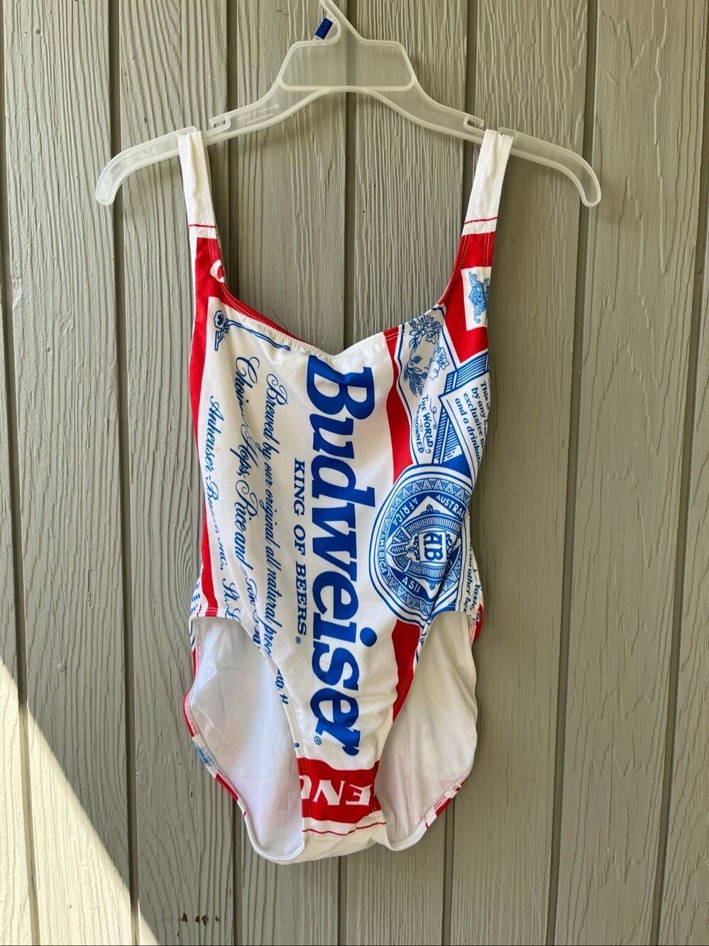VTG Budweiser One Piece Swimsuit Beer Logo USA High Cut Novelty Pin Up L